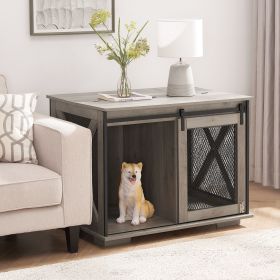 Farmhouse Dog Cage Crate Furniture with Sliding Barn Door, Farmhouse Wooden Dog Kennel End Table with Flip-top Plate Dog House with Detachable Divider (Color: Gray Wash, Material: MDF+Metal)